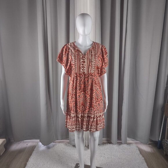 Knox Rose XS Flutter Sleeve Boho Ruffle Dress Orange White NWT Cotton Blend - Picture 2 of 11